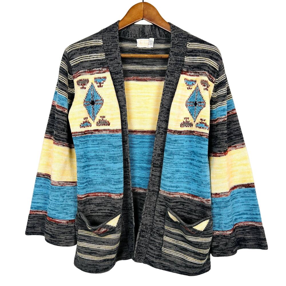 Vintage 70s Fine Quality Sweaters Open Front Cardigan Southwest SW Fiber Art - M